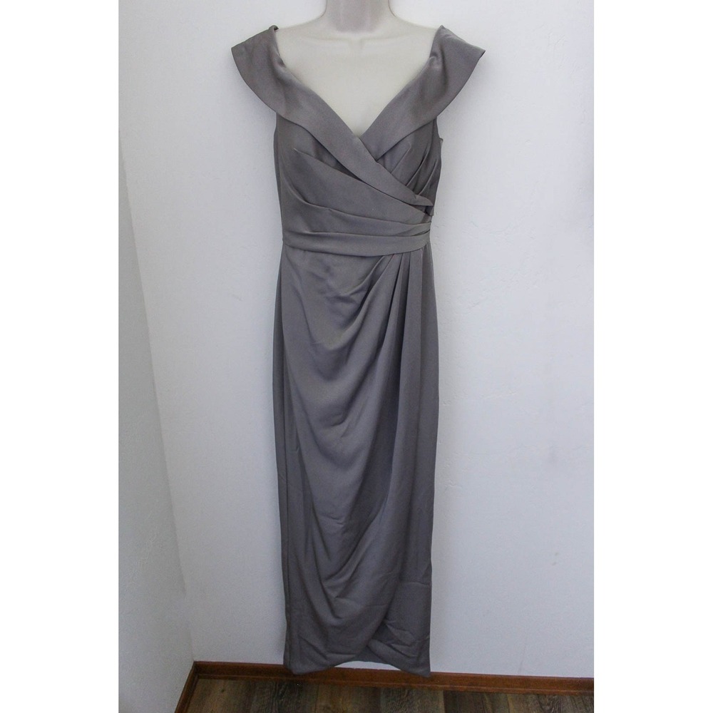 La Femme Maxi Dress Size 6 Pewter Gray Off Shoulder Draped Evening Gown 25206